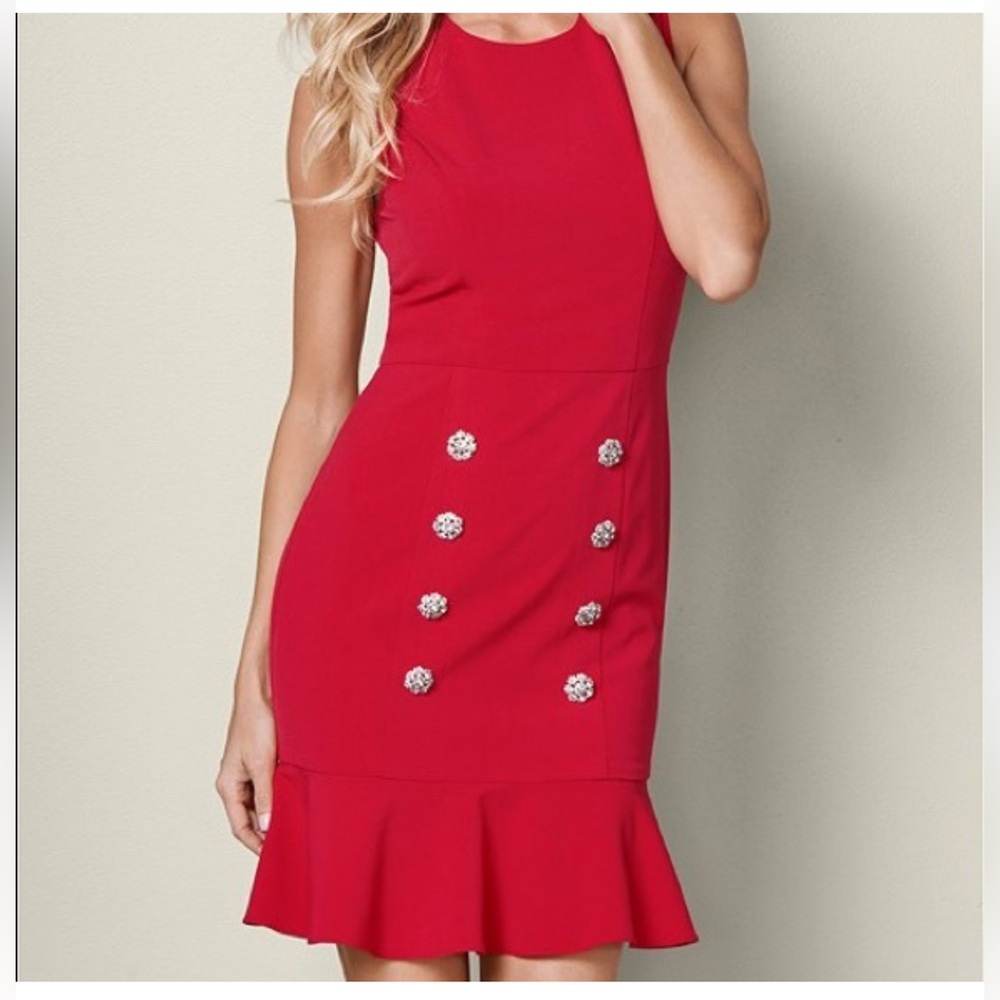 VENUS Vibrant Red Midi Dress with Silver Button Details